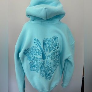 Pink Palm Puff "Hawaii Hibiscus" Hoodie in Aquamarine size M